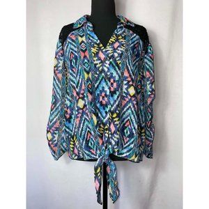 No Boundaries Blouse Lace Shoulders and Backing Tie Front Multicolor Pattern